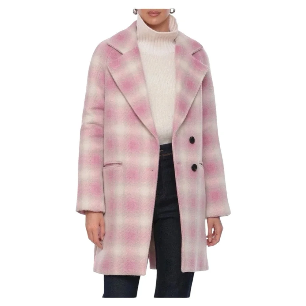 Avec Les Filles Raglan Walking Pea Coat Plaid Large Dusty Pink